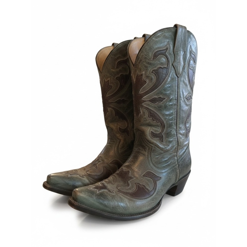 Corral Western Boots 11 Green Leather Distressed Floral Inlay Snip Toe Boho
